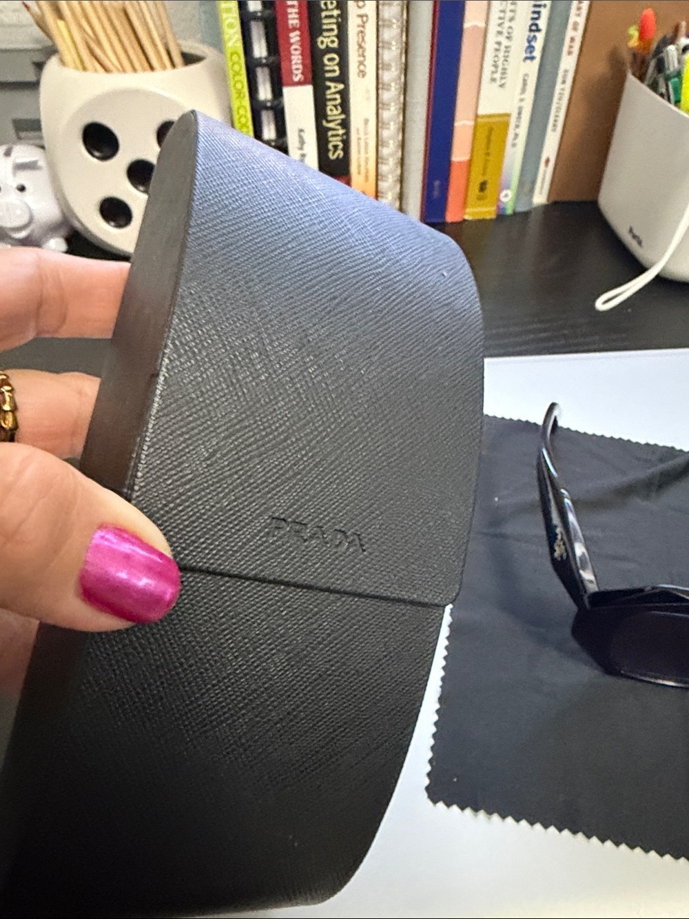 Prada Dark Blue Sunglasses with Gold Logo Accent - Picture 4 of 12
